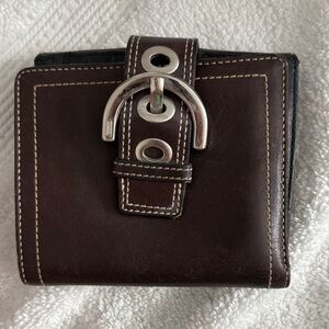 Coach Dark Brown Leather Wallet with Silver Buckle